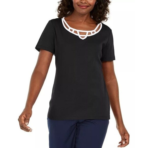 Karen Scott Petite Cotton Lattice-Trim Top Deep Black PS - Picture 1 of 3